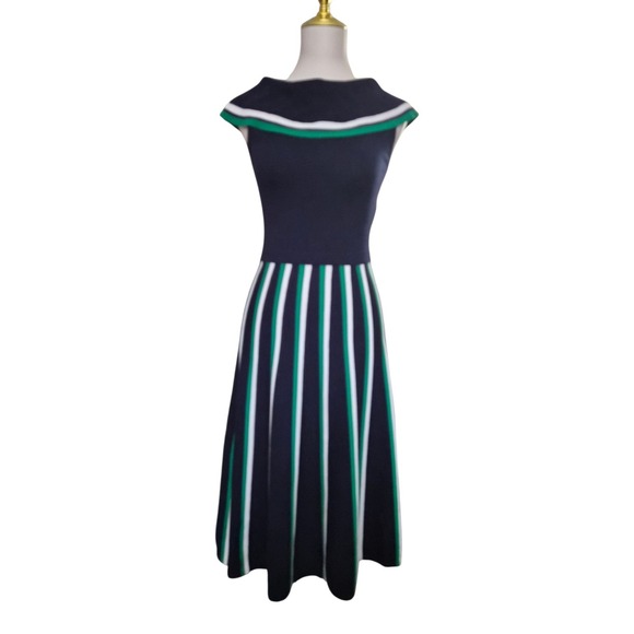 Boden Margie Striped Sleeveless Knit Midi Dress Navy Green Women's US 4 - Picture 2 of 8